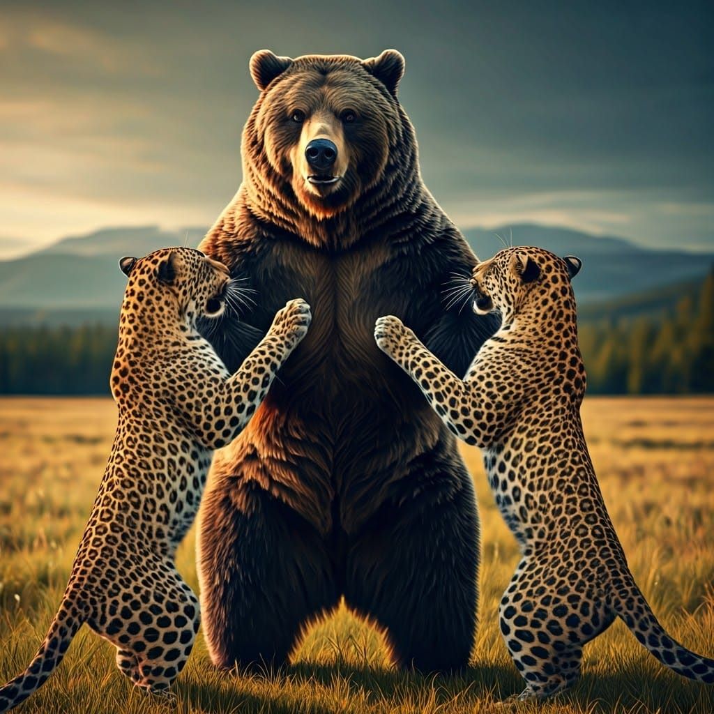Leopards Attack Grizzly Bear in Cinematic Wilderness Scene