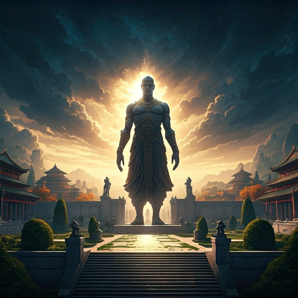 Majestic Deity Triumphant in Vibrant Cityscape