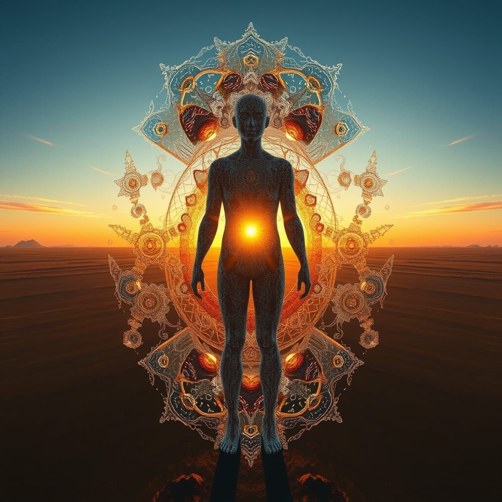 Fractal Human Figure in Dreamlike Landscape