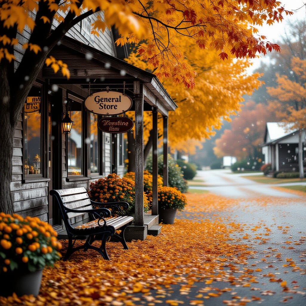Autumn General Store in Gentle Snowfall