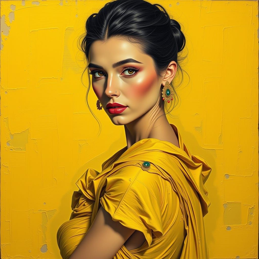 Vibrant Yellow Portrait in Impasto Oil Style