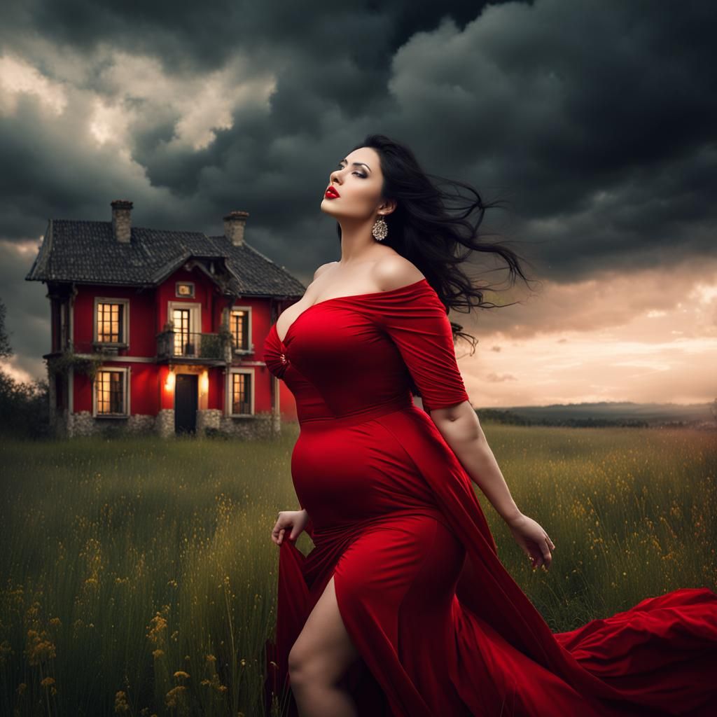 Curvy Woman in Red Dress with Mustang