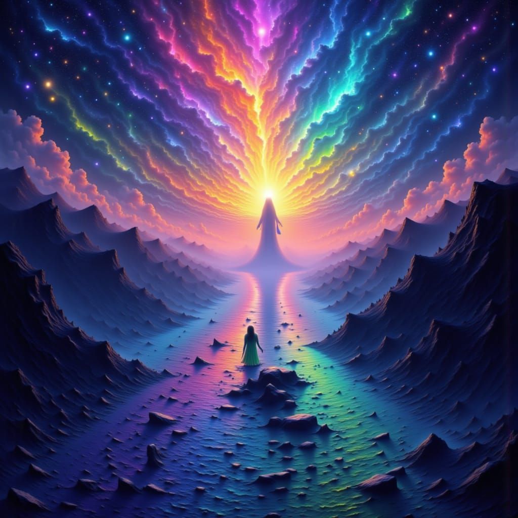 Iridescent Figure Steps into Infinity