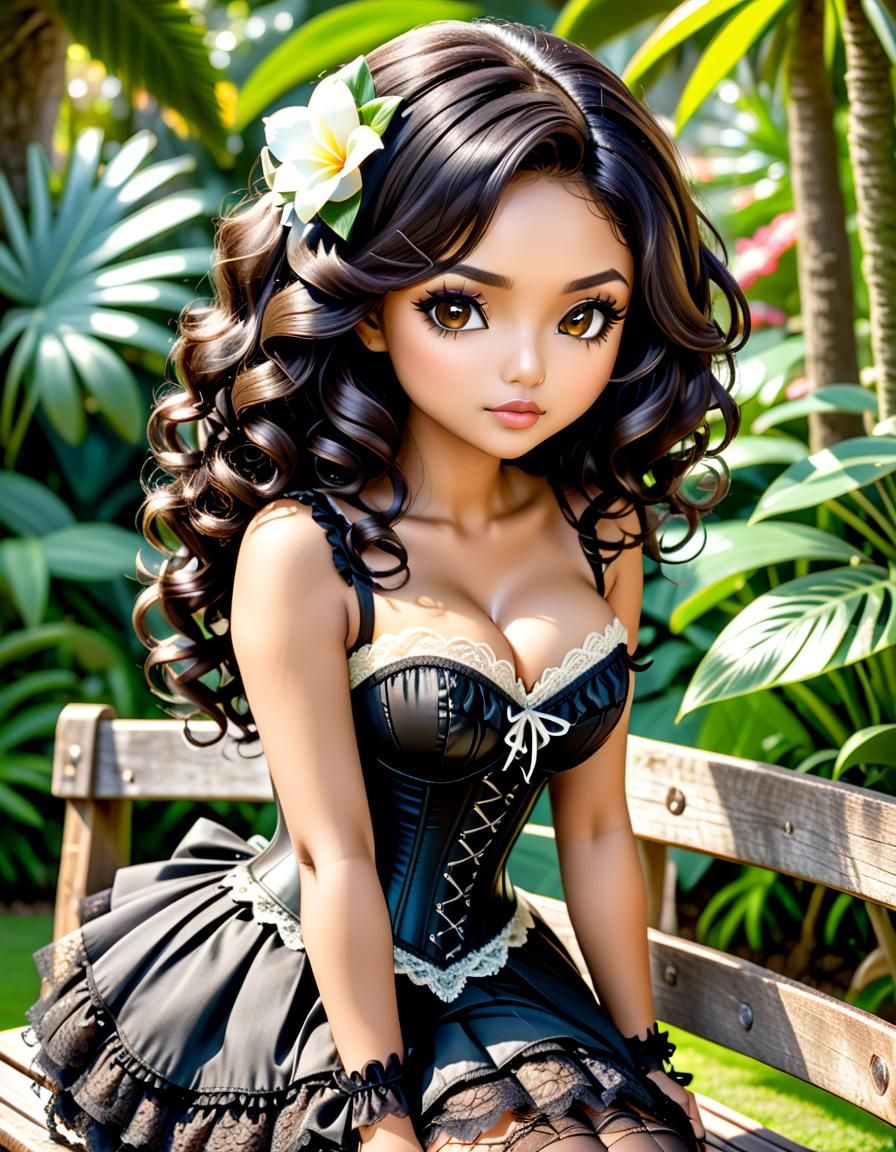 Chibi Girl in Tropical Garden, Detailed Digital Art