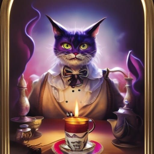 Detailed Cheshire Cat Tea Party Tarot Card Art