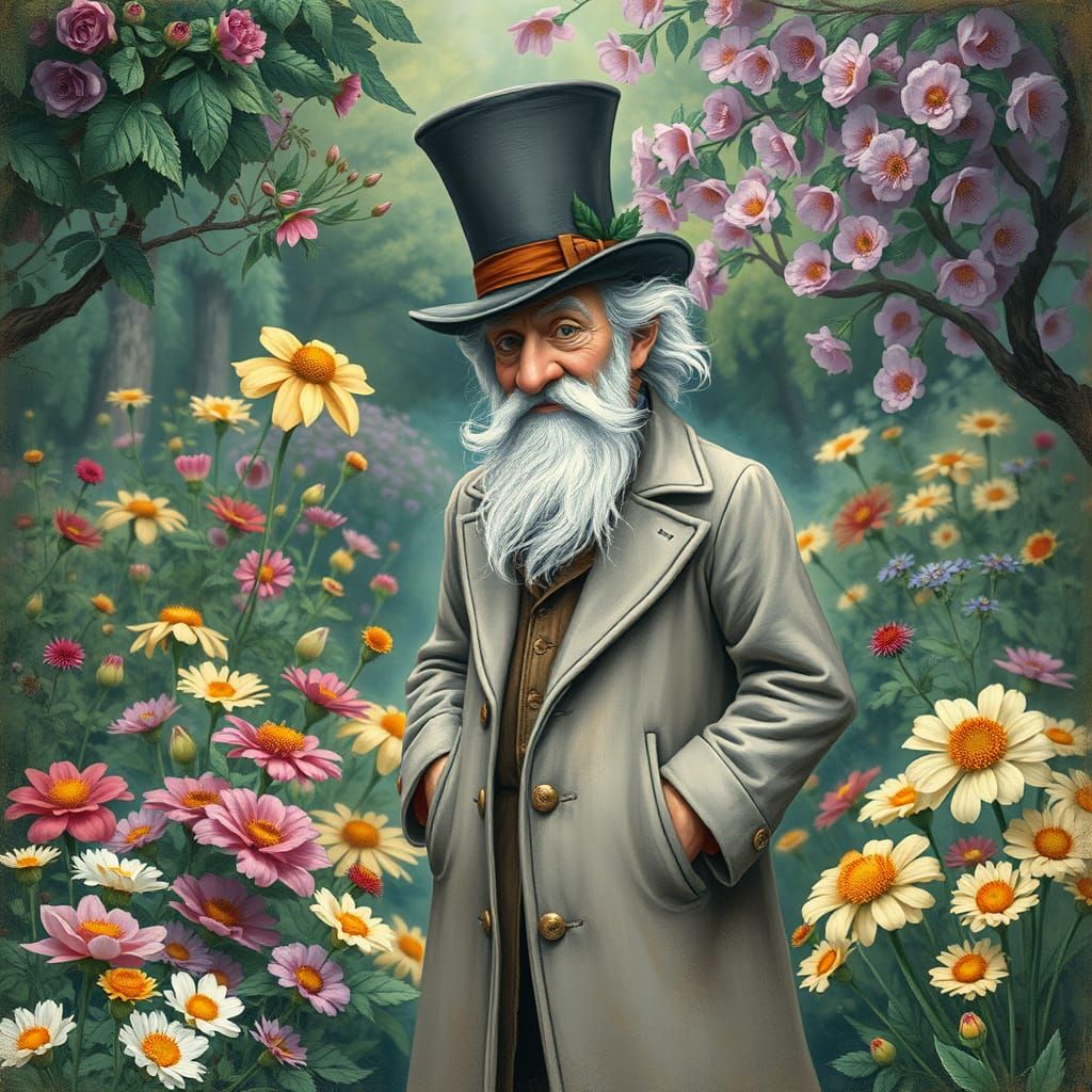 Whimsical Old Man in Enchanted Garden, Beatrix Potter Style