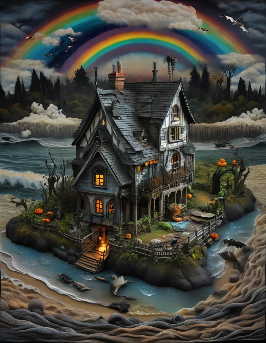Eerie Haunted Coastal Village in Rainbow Assemblage Style