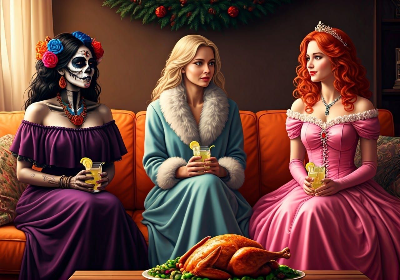 La Catrina, Aurora Lights & Princess In the Cozy Living Christmas Room With Their Lemonade & Turkey Dinner [Creations Do...
