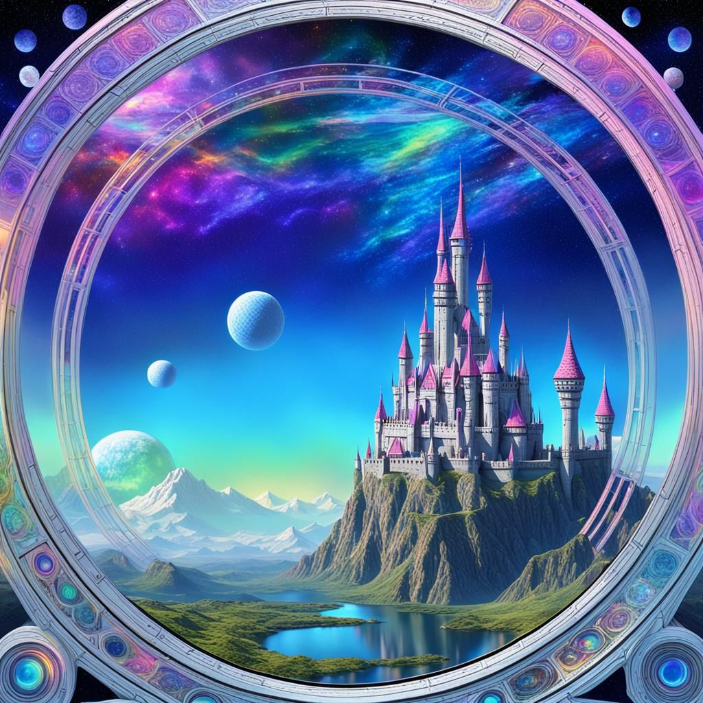 Star portal, ethereal planet views, castles in the sky, fantastical psychedelic iridescent , futuristic, space