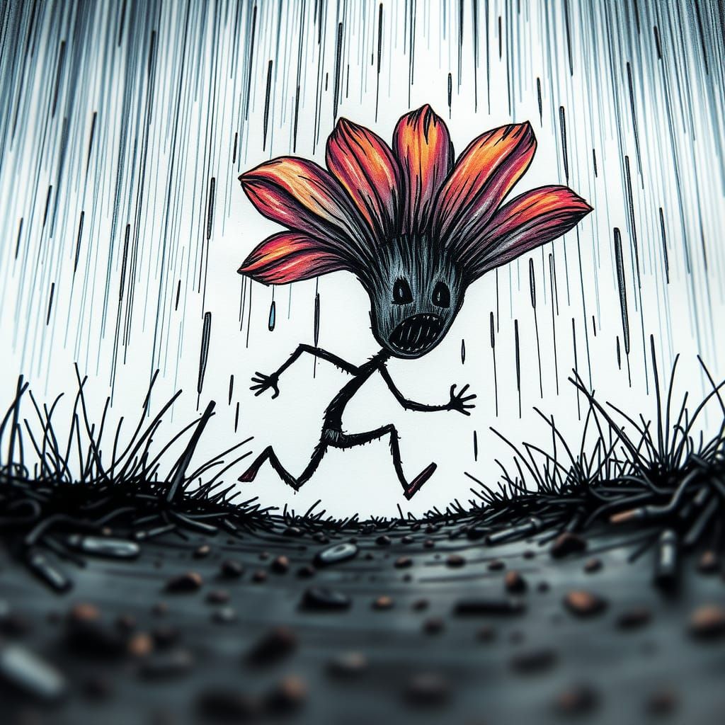 Anamorphic Flower Flees Horror Scene in Ink and Marker