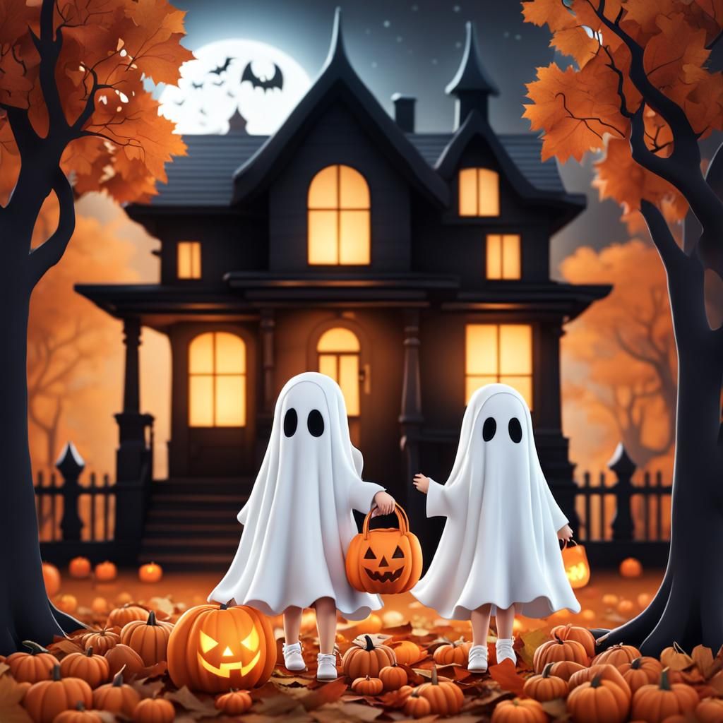 Chibi Ghosts: 3D Render of Trick-or-Treaters