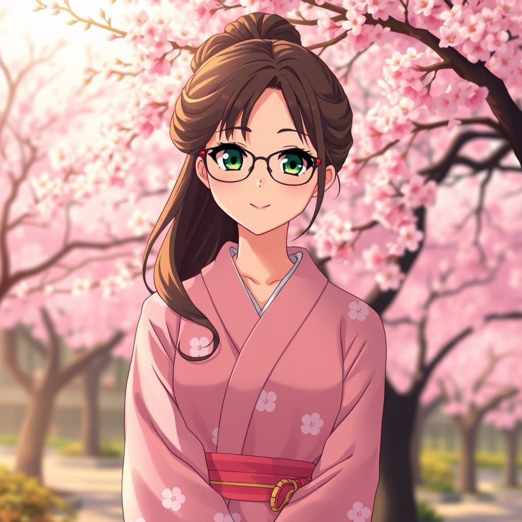Elegant Woman in Pastel Pink Yukata Under Cherry Blossoms