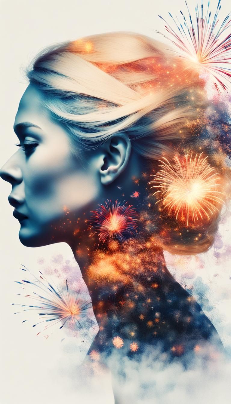 Double Exposure Woman with Fireworks Silhouette