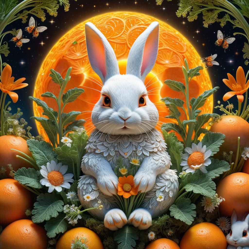 Adorable Bunny Asleep on Carrot Moon, 3D Render