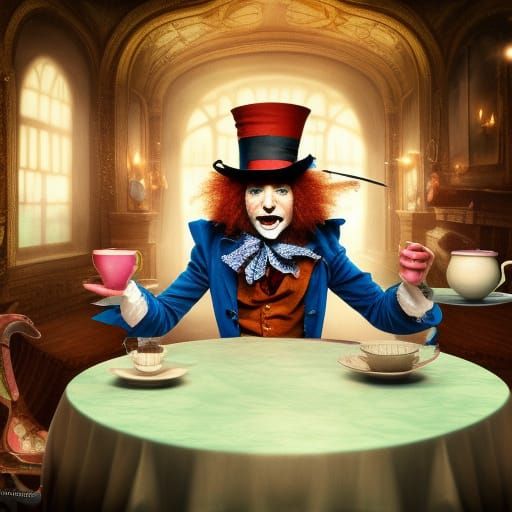 Mad Hatter and Wizard Tea Party, Detailed Digital Art
