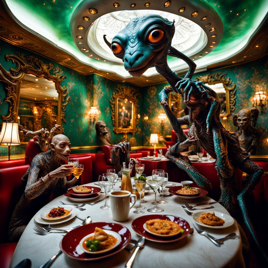 Surreal Alien Restaurant Celebration in Gritty Style