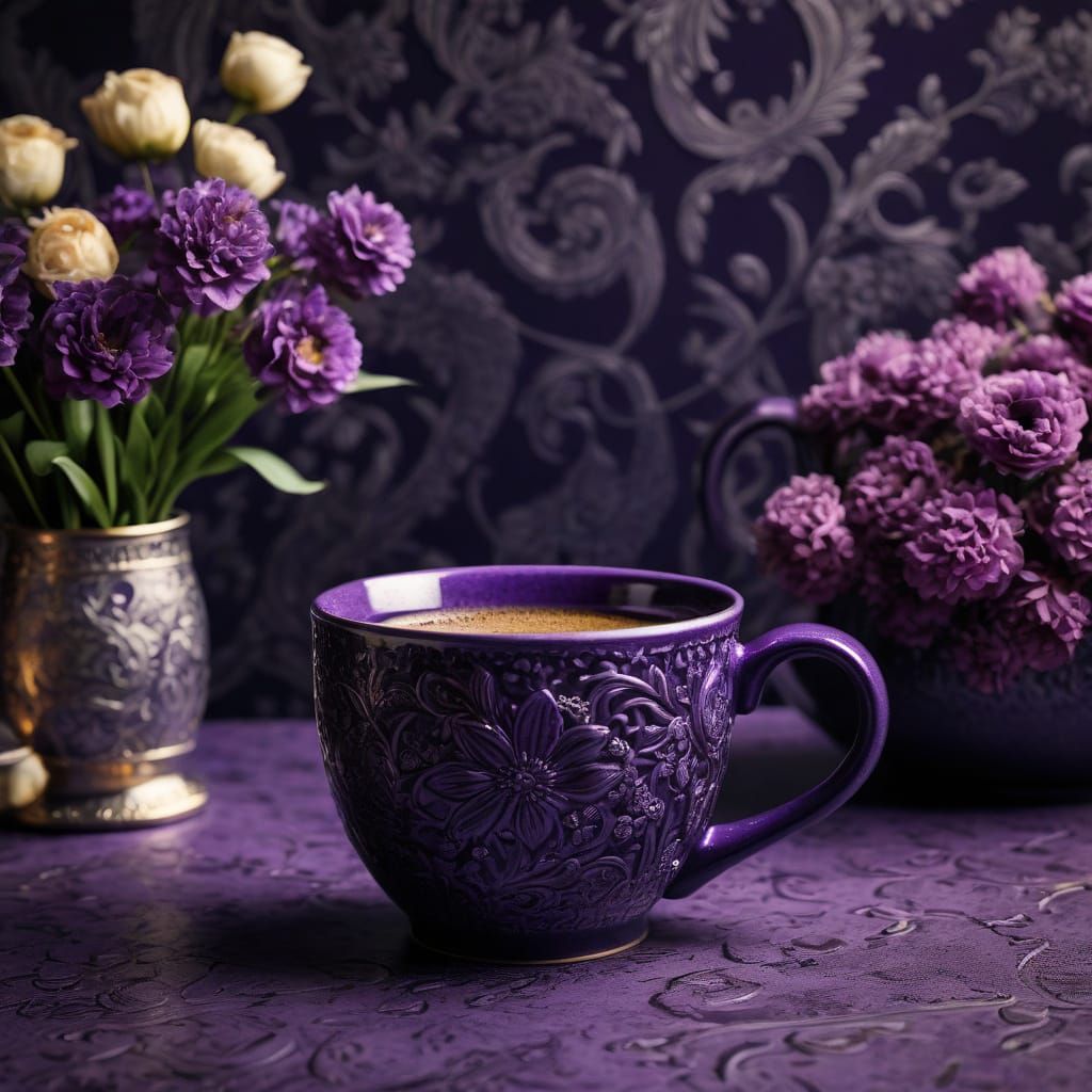 Elegant Purple Coffee Setup in a Dimly Lit Room