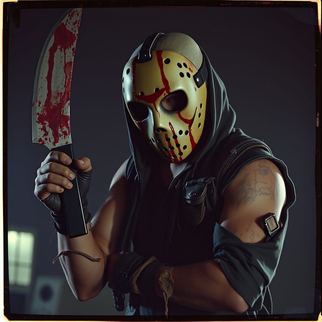 Raider with Bloody Mask and Machete in Polaroid Style