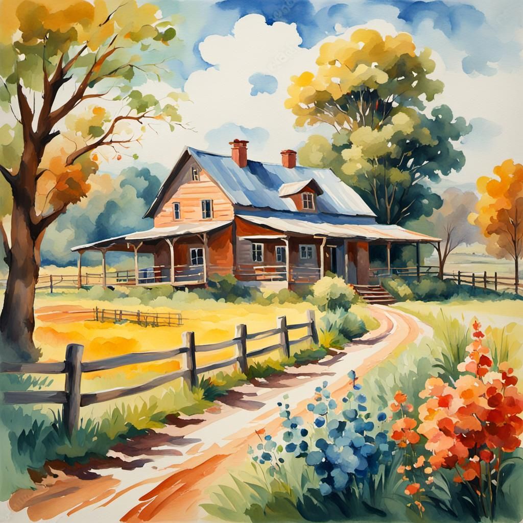 Luxury Farm Estate in Gouache Watercolor Style