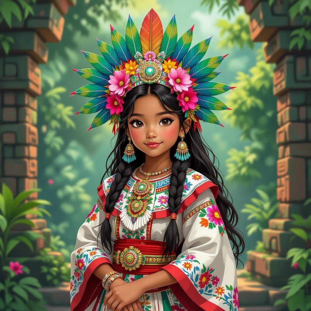 Aztec Girl in Lush Ruins: Vibrant Digital Illustration