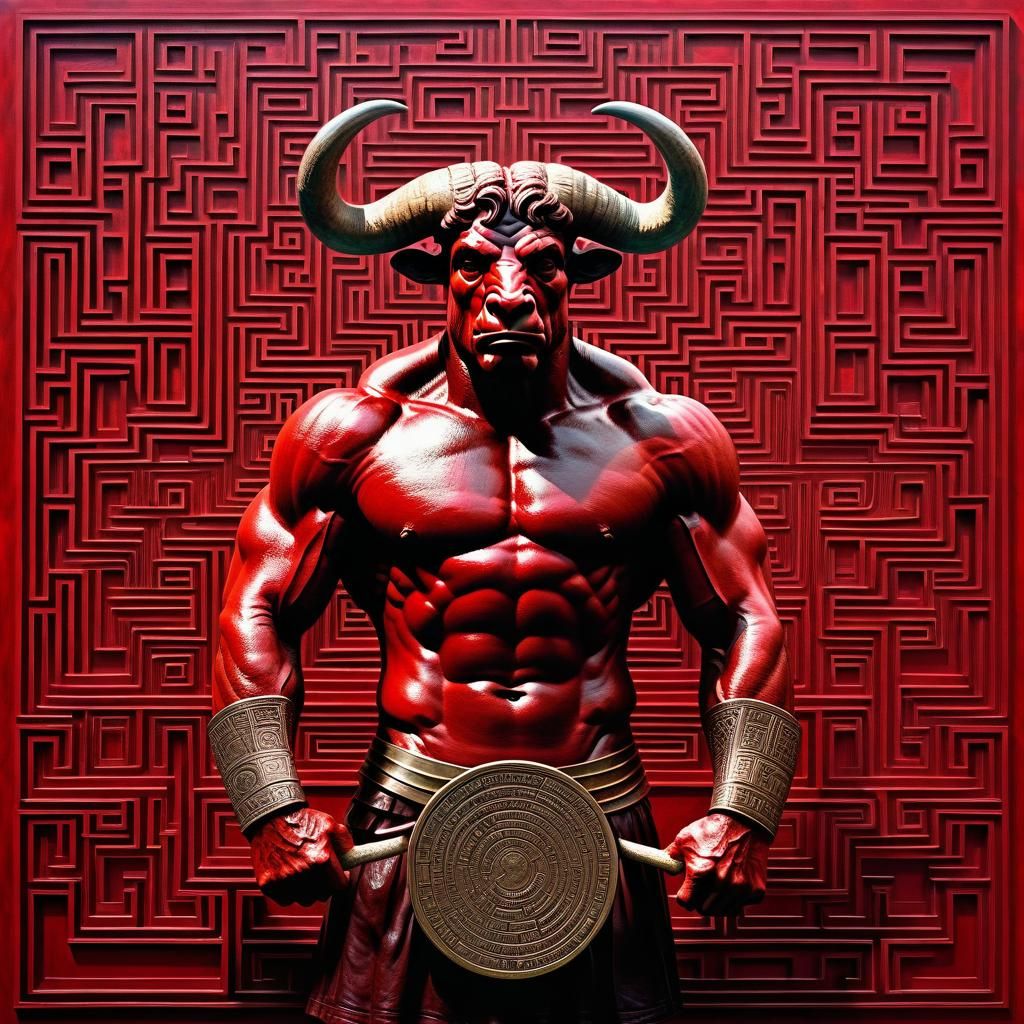 Hyper-realistic Misty Datamist-Surrounded Greek Minotaur, Su...