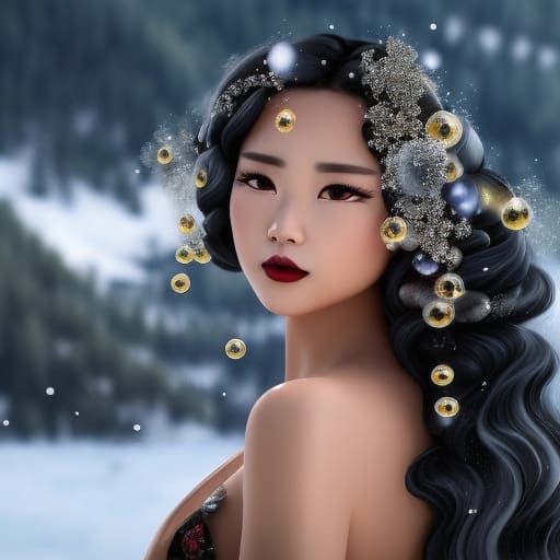 Noir Painting of Ainu Woman in Bubble Bath