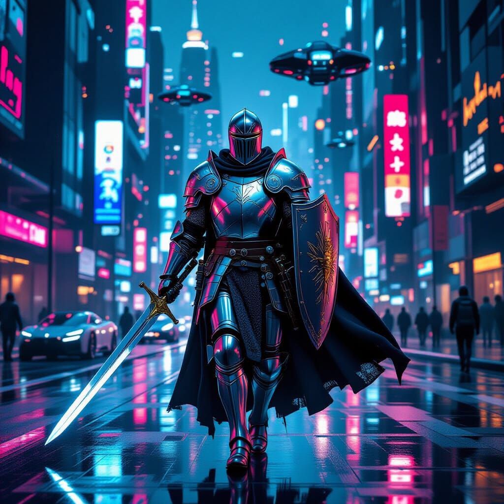Knight in Futuristic City, Fantasy Sci-Fi Blend