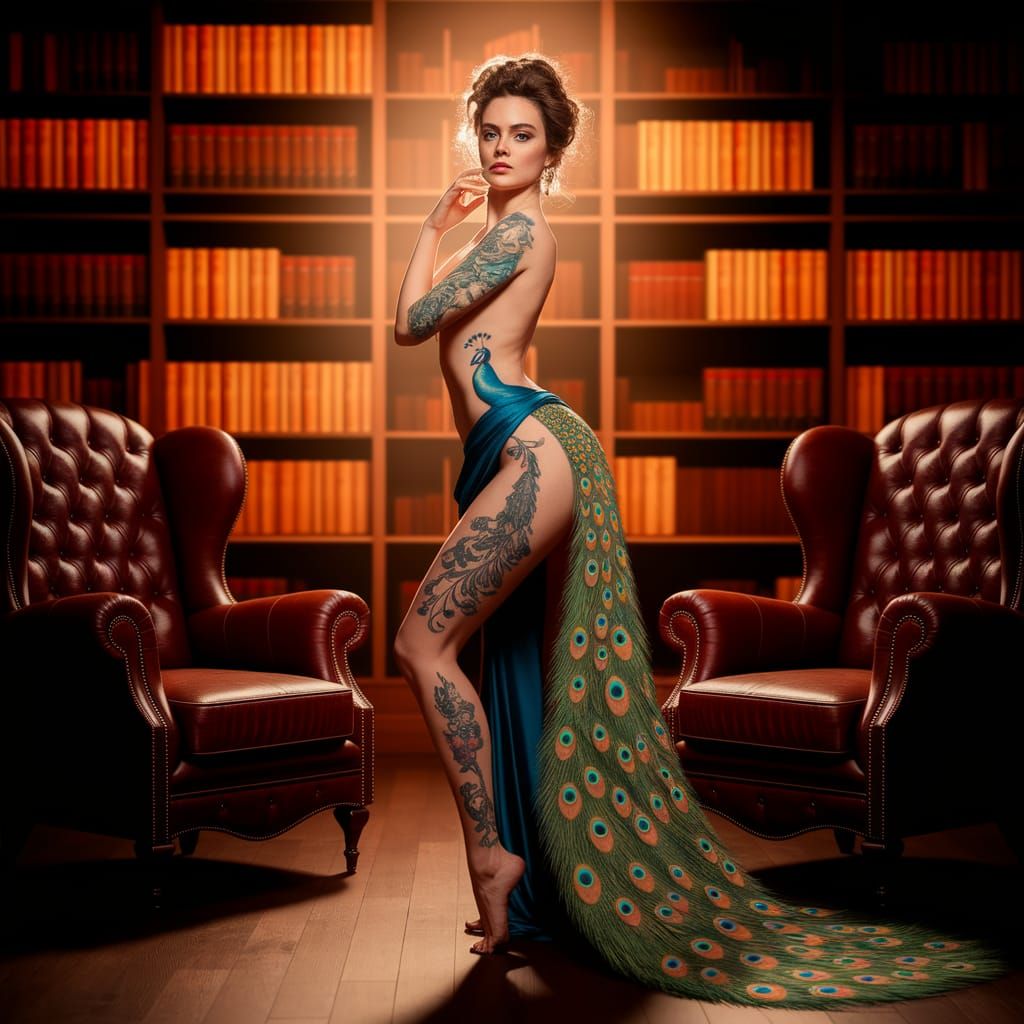 Woman with Vibrant Peacock Tattoo in Classic Portrait Style