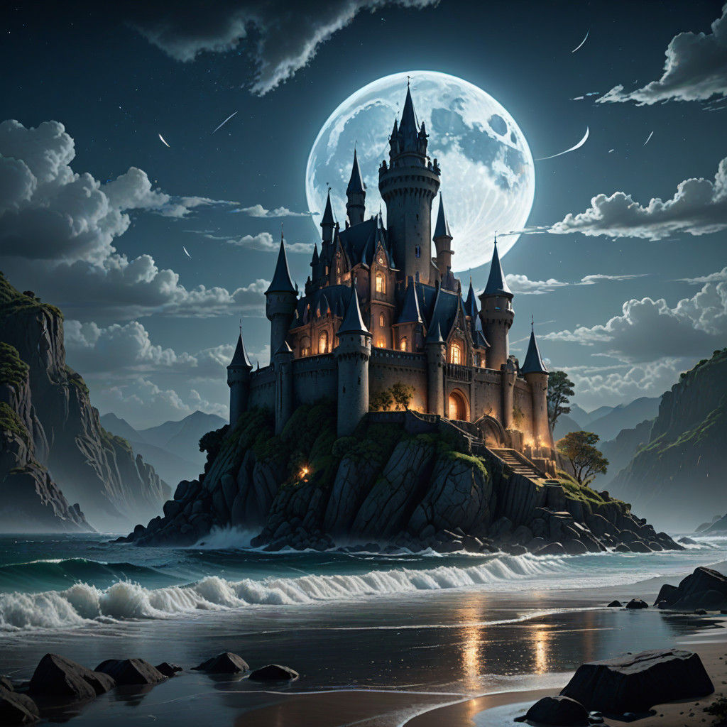 Ethereal Castle Rises from Midnight Waves in a Gauquin-Inspi...