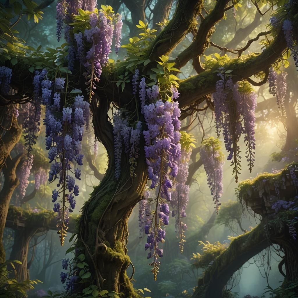 Mystical Forest Wisteria in Digital Matte Painting