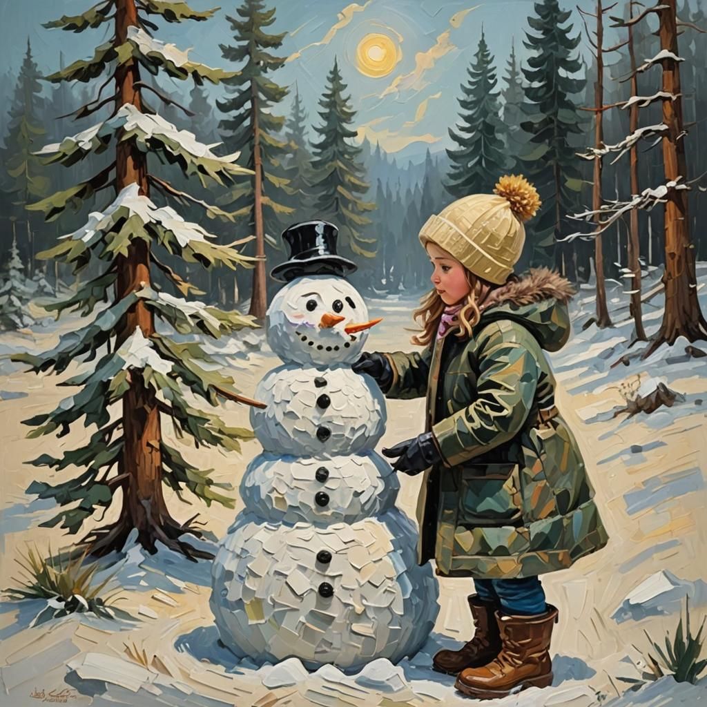 Girl Builds Impasto Snowman in Winter Landscape