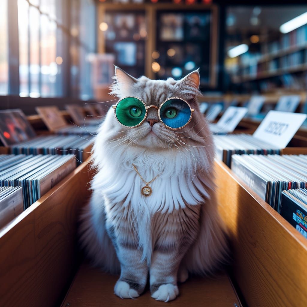 Gen Z Persian Cat with Heterochromia in Record Store
