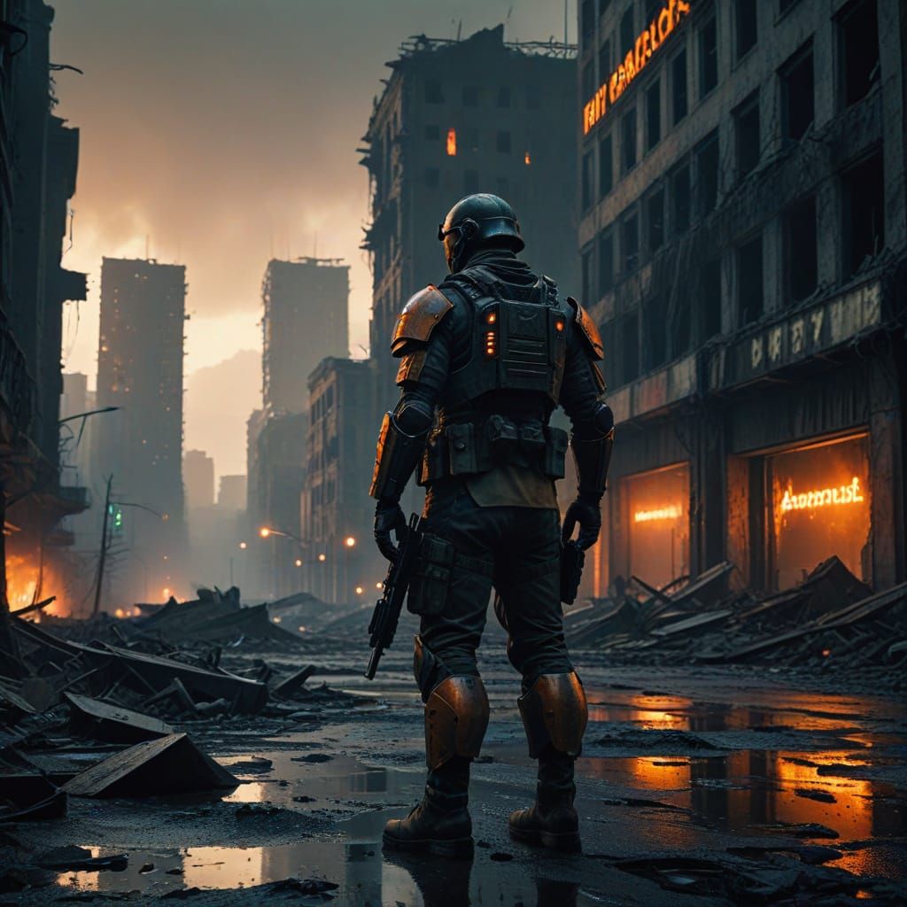 Dystopian Ruins of a Desolate Cityscape in Dark Tones