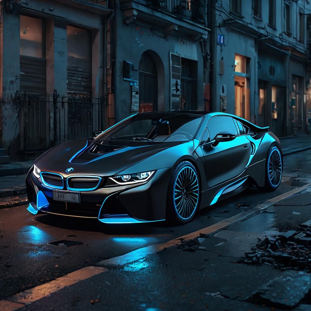 Black and Blue BMW i8 Roadster in Synthwave Style