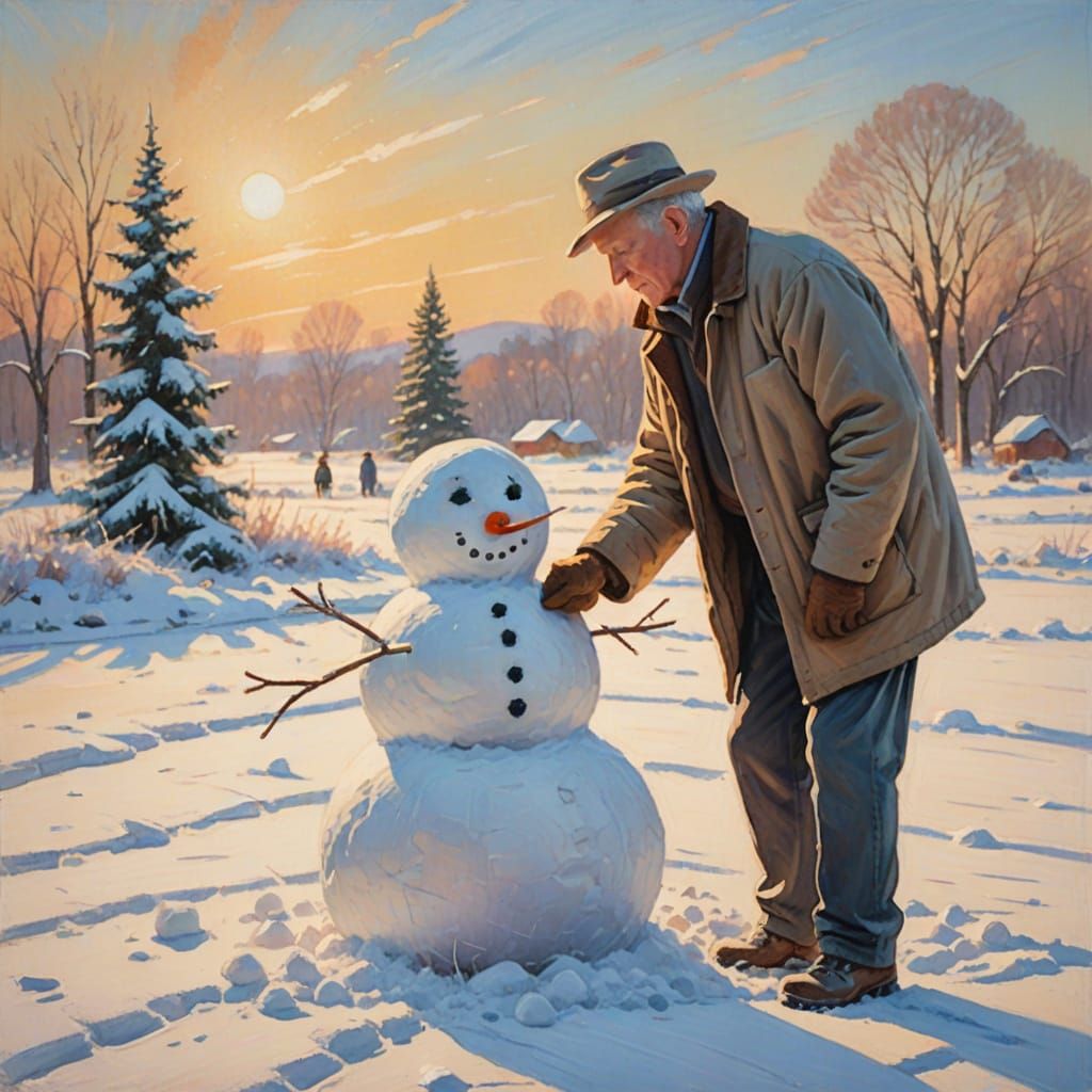 Impressionist Man Builds Snowman in Golden Light