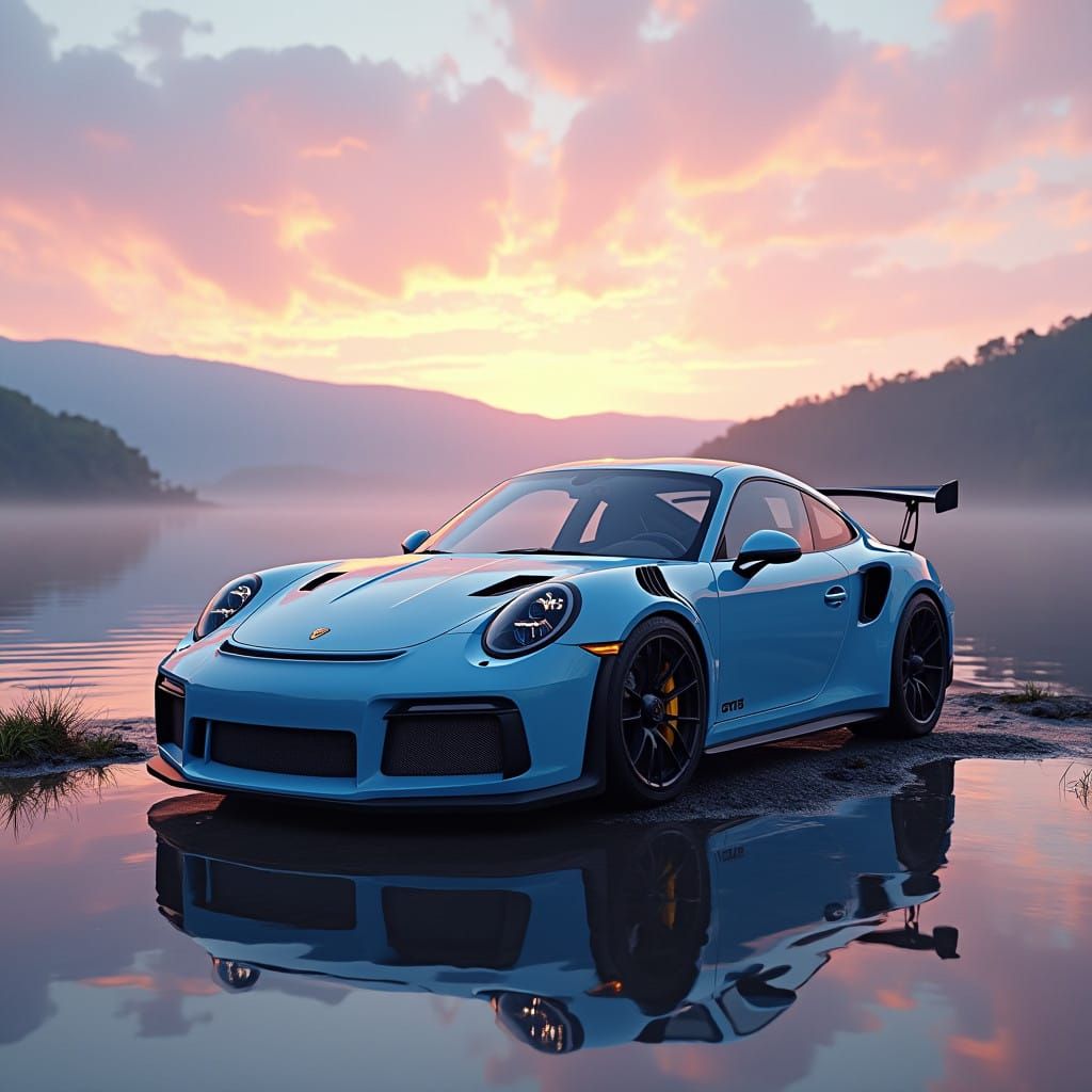 Sleek Baby Blue Porsche GT3 RS on Tranquil Lake Shore