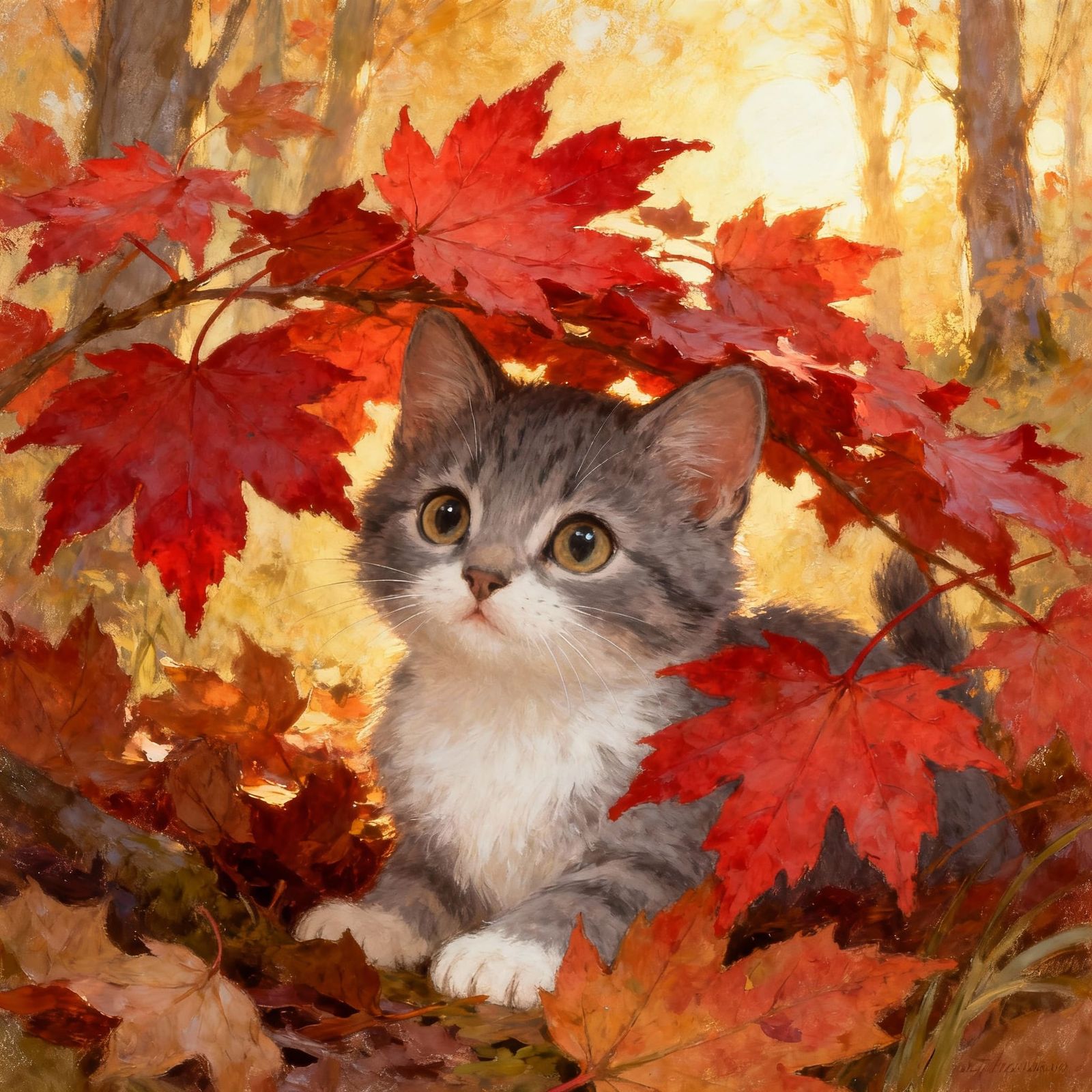 Adorable Kitten Peeking From Autumn Leaves in Storybook Styl...
