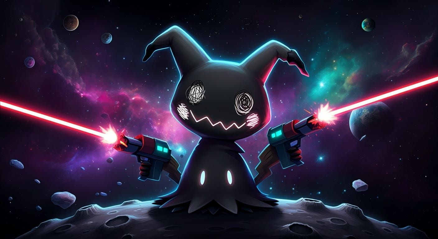 Picture a very cute black Mimikyu with glowing eyes and scri...