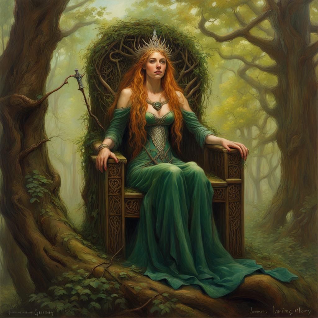 Celtic Fae Queen on Branch Throne, Oil Painting