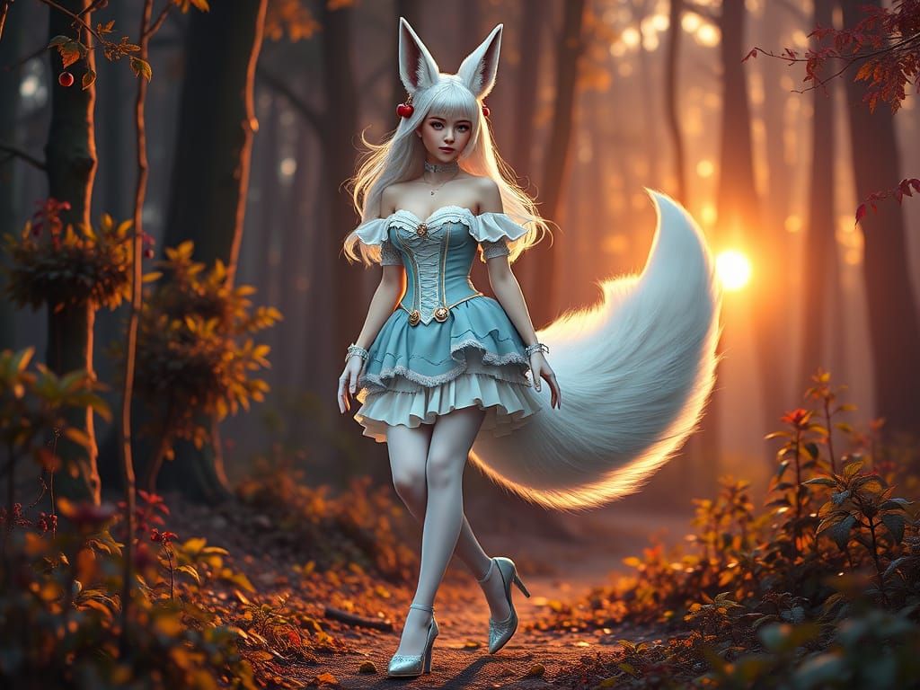 Fox-Eared Lady in Forest, Dark Fantasy Concept Art