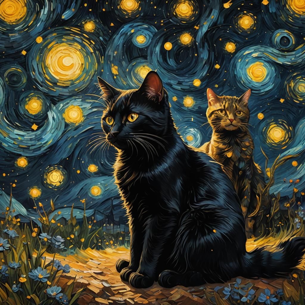 Starry Night Cats in Post-Impressionist Style