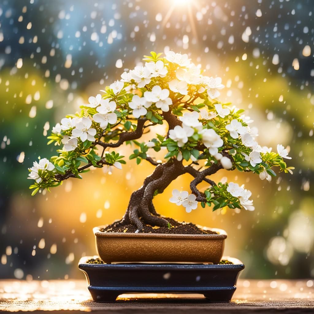 Blooming Bonsai Tree in Golden Sunlight: Macro Photography