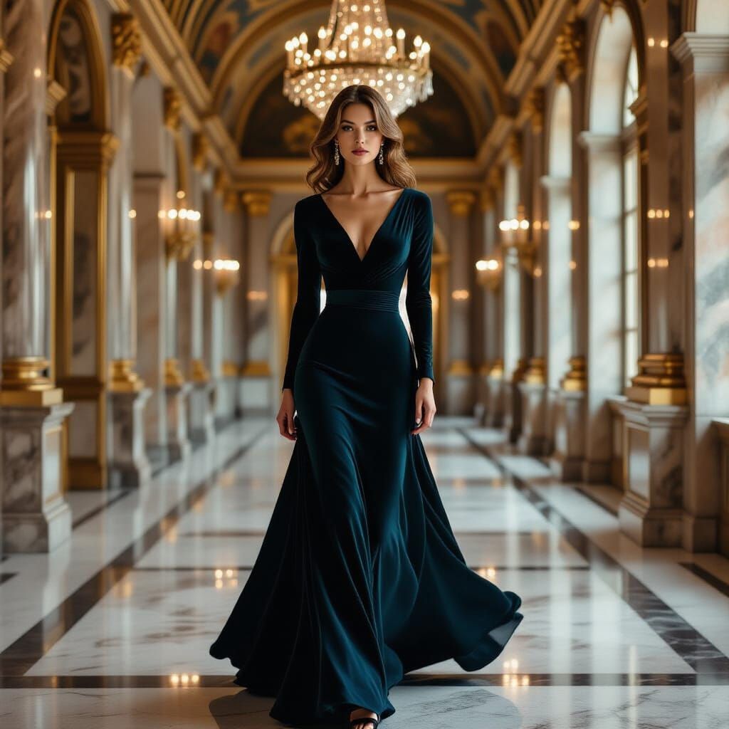 Elegant Model in Palace Corridor, High-Fashion Photography