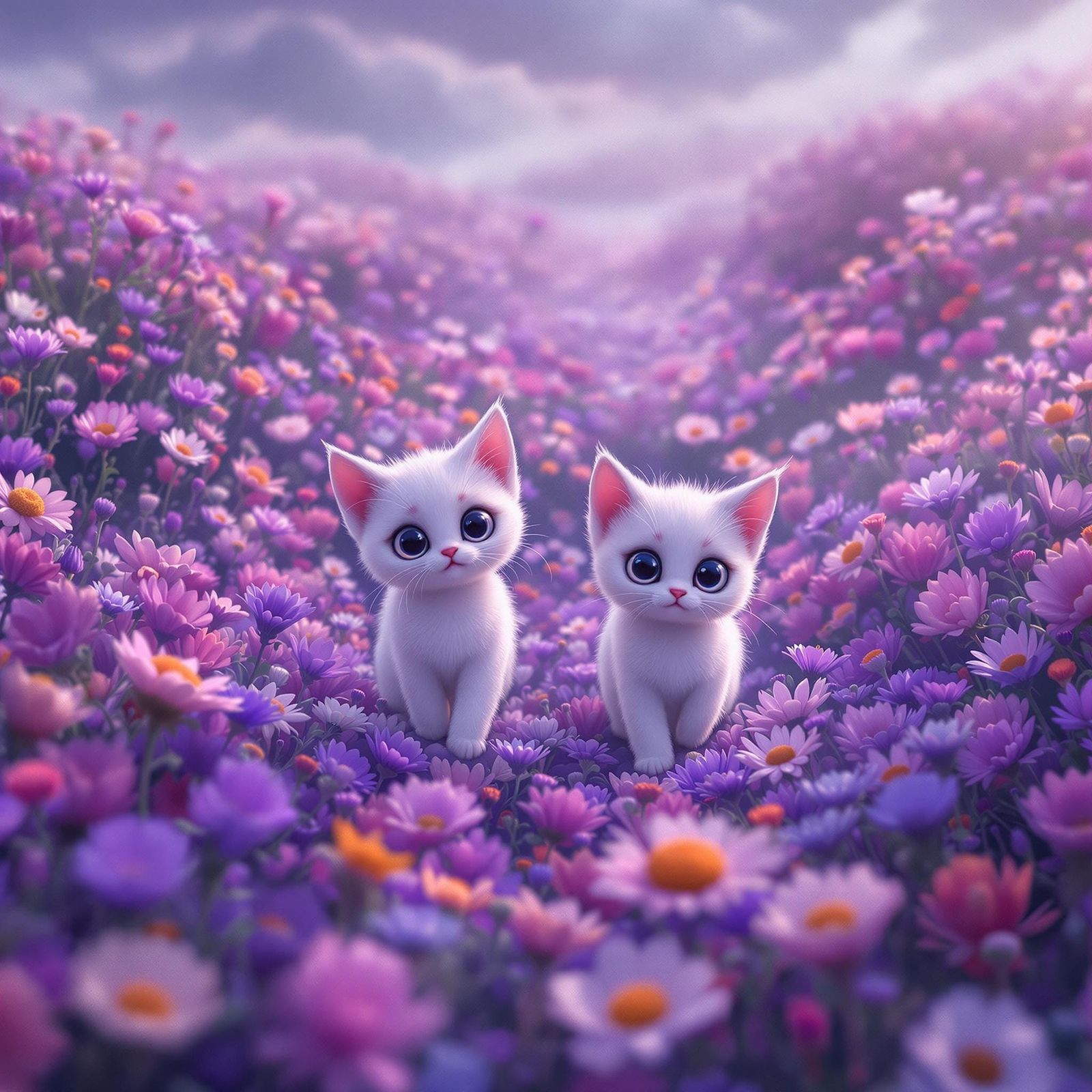 in a large field full of flowers, from an elevated birds eye perspective looking down at kittens

whimsical, two adorabl...