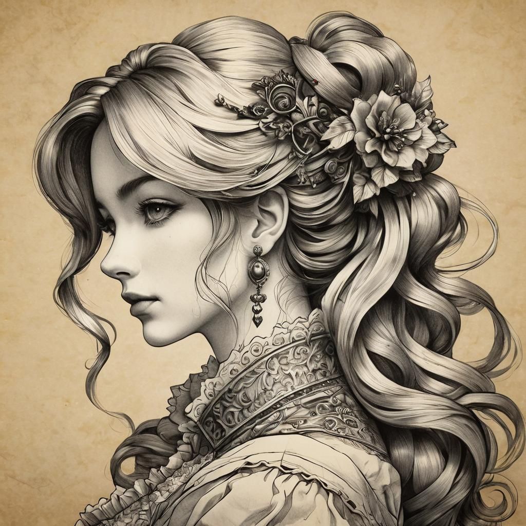 Anime Portrait: Victorian Woman in Pencil Sketch