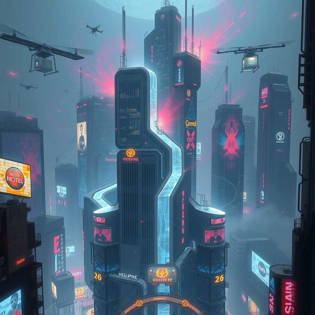 Cyberpunk Metropolis Veilspire Rises into the Heavens
