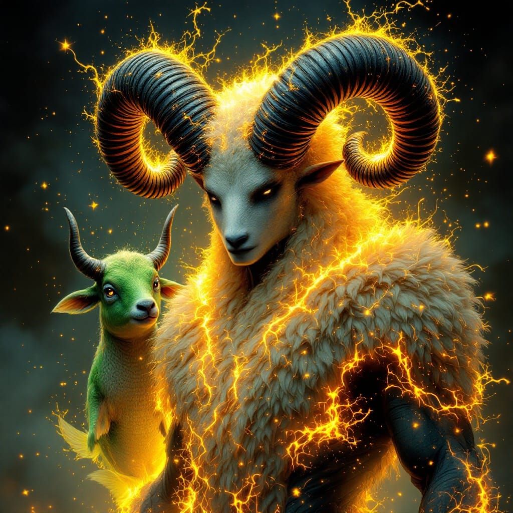 Fiery Horned Humanoid with Mythical Companions