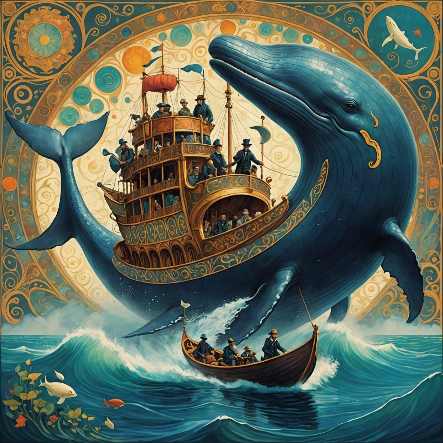 Whale Hunt in Klimt-Inspired Art Nouveau Style