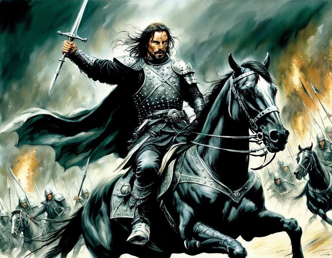 Hero Charging into Battle in Dark Fantasy Style