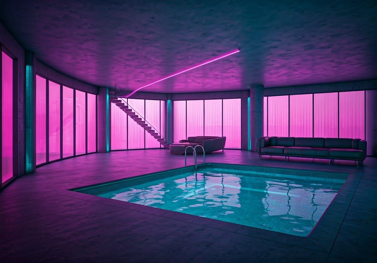Modernist Space-Age Spa in Neon Pink and Teal